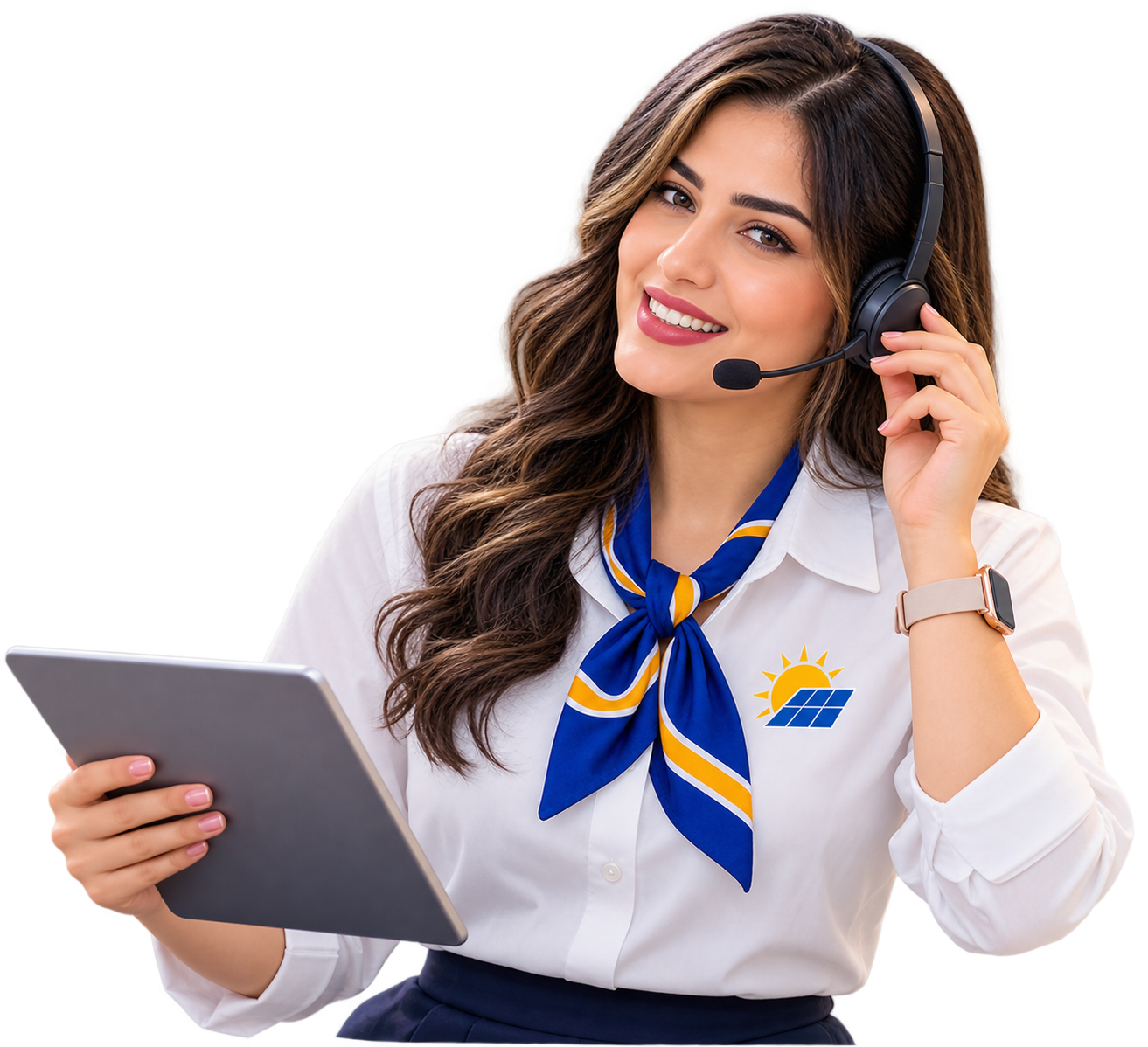 Smiling Customer Support Agent with Tablet